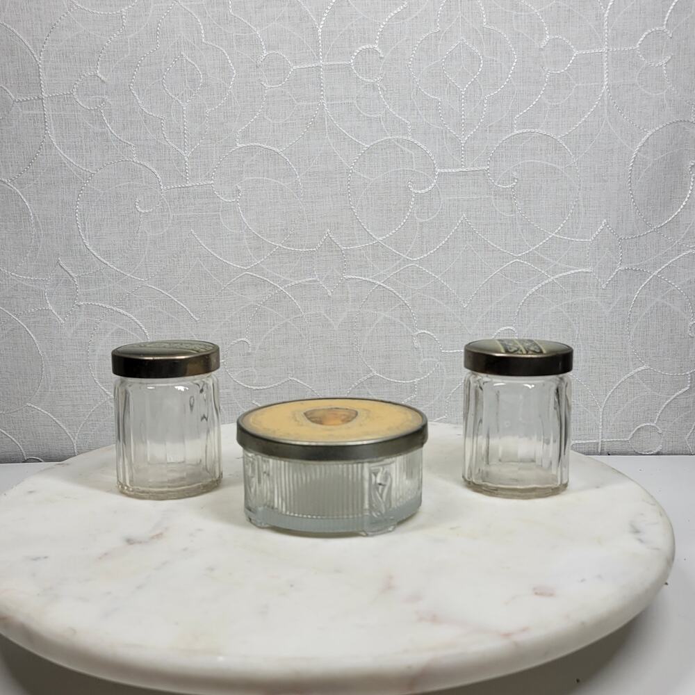 Vintage Glass Vanity Jar Set Cameo Lid & Art Deco Floral Inlay Metal Tops – 3 Pc